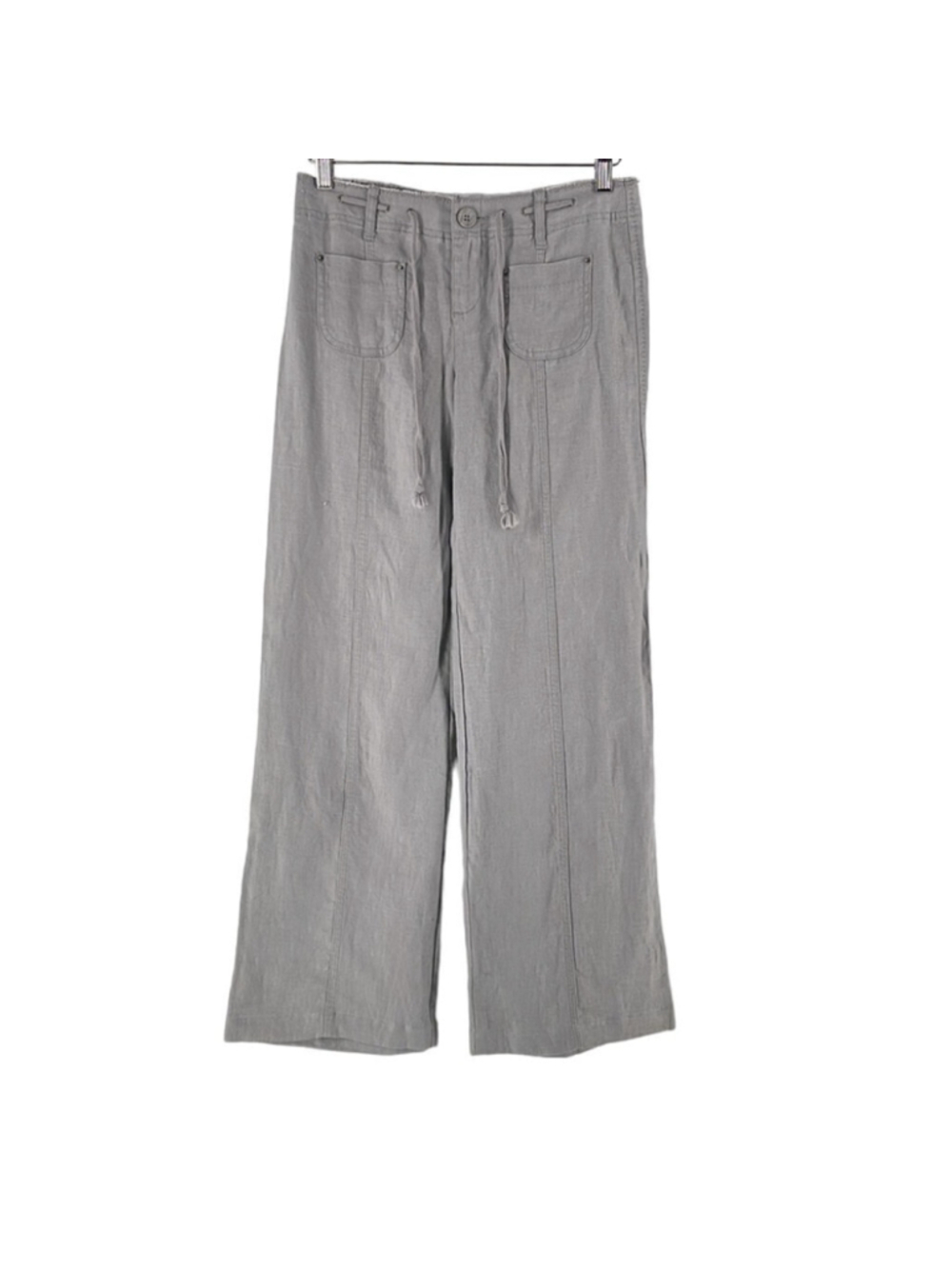 Inc linen wide leg pants frayed waist drawstring gray coastal lagenlook sz 2